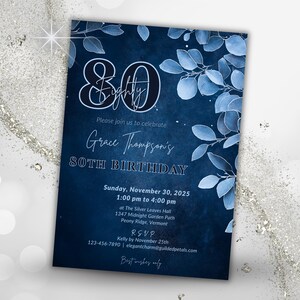80th Birthday Invitation, Elegant Navy and Silver Floral Invite for Women and Men Printable Dinner Party Template, Editable Canva and Evite