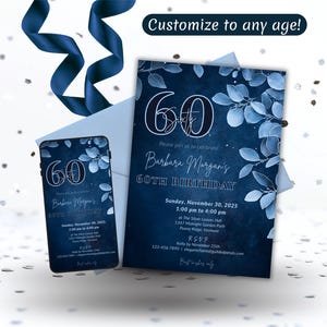 60th Birthday Invitation, Elegant Navy and Silver Floral Invite for Women and Men Printable Dinner Party Template, Editable Canva and Evite