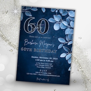 60th Birthday Invitation, Elegant Navy and Silver Floral Invite for Women and Men Printable Dinner Party Template, Editable Canva and Evite
