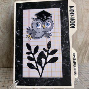 May include: A graduation card with a black and white marble background. The card features a black and white illustration of an owl wearing a graduation cap. The card also has a black silhouette of a branch with leaves. The text "Woo-hoo! Congratulations!" is printed on the card.