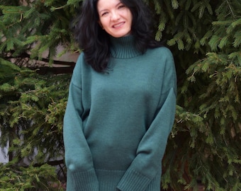 Merino Wool Oversized Sweater, Minimalist Knit Pullover, Green Woolen Jumper, Loose Fit Winter Pullover
