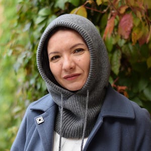 Grey Merino Wool Knitted Hooded Balaclava: Hand Knitted Warm Winter Hood, Neck Warmer