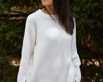 White Merino Wool Knit Sweater: Women's Oversize Pullover, Loose Fit Winter Pullover