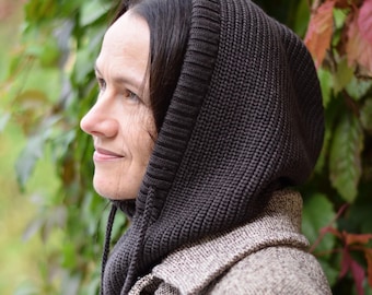 Chocolate Brown Merino Wool Balaclava: Knitted Hooded Cowl Scarf