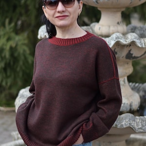 Two-tone brownish-red pure wool sweater for women, oversize sweater, pullover for women, minimalist warm knitted sweater, gift for women.