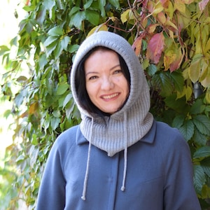 Light Grey Merino Wool Balaclava: Warm Knitted Hood, Neck Warmer