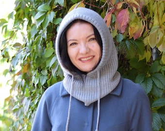 Light Grey Merino Wool Balaclava: Warm Knitted Hood, Neck Warmer