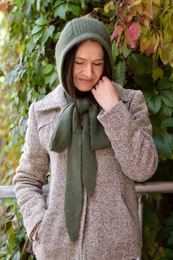 Handmade Knit Hood/Bonnet. New Knit Wool Long Tie Pixie Bonnet: Handmade Winter Blue Beanie  main image 3