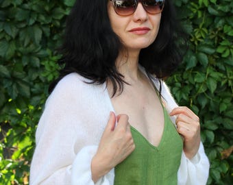White Mohair Bridal Shrug, Lightweight Knitted Bolero, Open Front Wedding Jacket