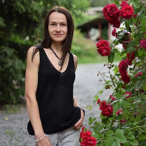 Black Linen Cotton Knit Top: Deep V-Neck Tank