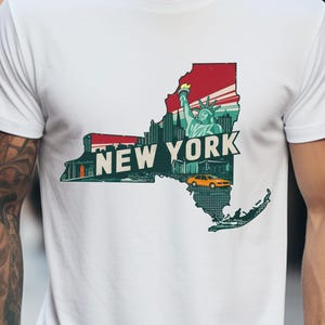 Estado de Nueva York PNG / Horizonte de la ciudad de Nueva York / Estatua de la Libertad (EE. UU.) / Camiseta con mapa de Nueva York PNG / Clipart imprimible / Descarga digital de viajes retro