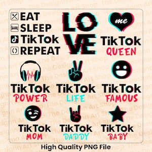 Può includere: Una stampa d'arte digitale con uno schema di colori rosa, blu e nero. La stampa presenta il testo "Mangia, Dormi, TikTok, Ripeti" e "Amore" con un effetto glitch. Altri design includono un cuore con il testo "me", un segno di pace, un viso sorridente e una stella. Il testo "TikTok" viene ripetuto in tutta la stampa con parole diverse come "Potere", "Vita", "Famoso", "Mamma", "Papà" e "Bambino".