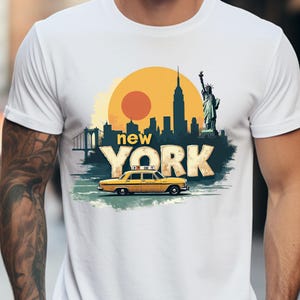 New York City Retro PNG | NYC Skyline Statue of Liberty Yellow Taxi Clipart | Vintage Travel T-Shirt Graphic Design