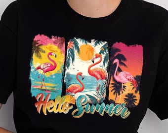 Hello Summer Flamingo PNG – Retro Tropical Sunset Design (Digital Download)