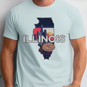 Illinois State PNG, Chicago Skyline Vintage Travel Print, kaartkunst, sublimatieontwerp voor pizzaliefhebbers, digitale download