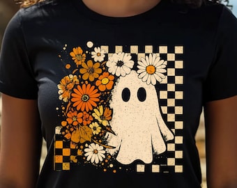 Retro Ghost Halloween PNG: Floral Checkerboard Fall Design (Digital Download)