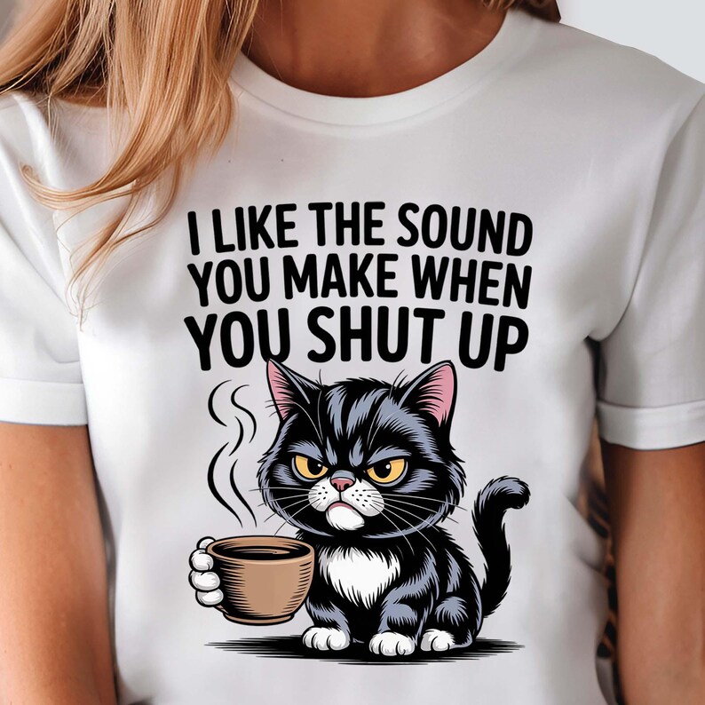 Funny coffee-themed design with moody cat character.