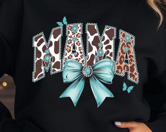 Western Mama PNG: Leopard Print Turquoise Bow T-Shirt Design (Digital Download)