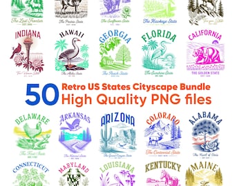 Retro US States PNG Bundle: Vintage Cityscape T-Shirt Designs (Digital Download)