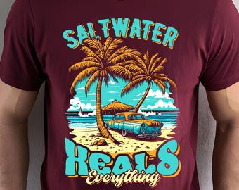 Coche playero retro PNG – Diseño costero vintage con palmeras y surf (Descarga digital)