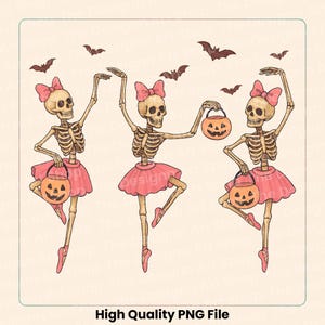 Unique Halloween PNG with ballerina skeletons and pumpkin accents