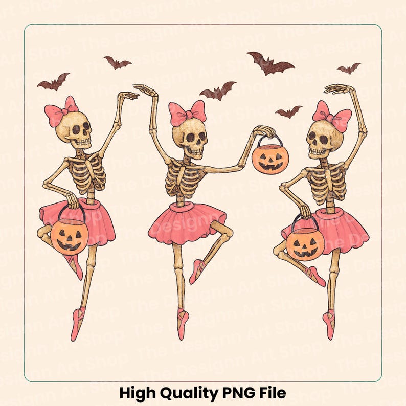 Unique Halloween PNG with ballerina skeletons and pumpkin accents