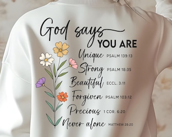 Dios dice que eres PNG – Diseño floral con versículos bíblicos cristianos (Descarga digital)