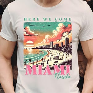 Miami Florida Beach PNG, Retro Sonnenuntergang Stadtbild Sublimation, Vintage Reise T-Shirt Design, Sommerferien digitaler Download