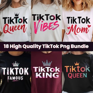 Può includere: Una collezione di magliette bianche, nere e bordeaux con le parole "TikTok" e altre parole come "Queen", "Vibes", "Mom", "Famous" e "King" stampate. Ogni maglietta ha una grafica a corona. È presente anche il testo "18 High Quality TikTok Png Bundle".