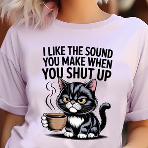 Vector-style grumpy cat with expressive eyes and hot coffee.