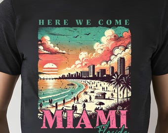 Miami Beach Sunset PNG: Retro Travel T-Shirt Design (Digital Download)
