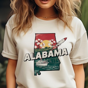 Alabama vintage Retro Design PNG, Sublimation de carte de l'état de l'Alabama, autocollant de voyage dans le Sud, téléchargement numérique des cliparts fusée pour T-shirts.