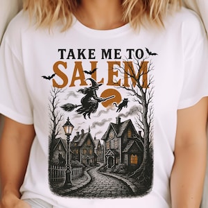 Salem Halloween PNG: Witch Flying Over Spooky Town Clipart (Digital Download)