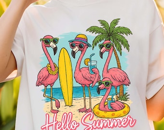 Hola verano Flamingo PNG: Imágenes prediseñadas de playa tropical (descarga digital)