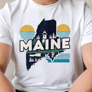 Mapa de faros y langostas náuticos del estado de Maine, arte de barco de pesca al atardecer en la costa, descarga instantánea de la vida costera de Maine