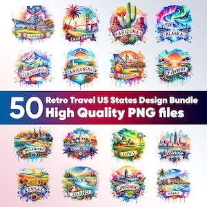 Könnte beinhalten: Eine Sammlung von Designs im Aquarellstil mit US-Bundesstaaten wie Alabama, Kalifornien und Arizona. Jedes Design zeigt ikonische Wahrzeichen und natürliche Merkmale. Der Text "50 Retro Travel US States Design Bundle High Quality PNG files" ist ebenfalls enthalten.