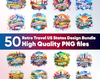 Könnte beinhalten: Eine Sammlung von Designs im Aquarellstil mit US-Bundesstaaten wie Alabama, Kalifornien und Arizona. Jedes Design zeigt ikonische Wahrzeichen und natürliche Merkmale. Der Text "50 Retro Travel US States Design Bundle High Quality PNG files" ist ebenfalls enthalten.