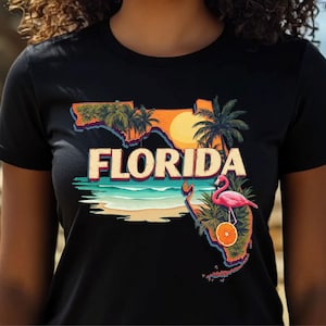 Vintage Florida PNG - Retro US Bundesstaat Karte mit Flamingo, Palmen & Strand - Tropische Reise Clipart für Sublimation und T-Shirts