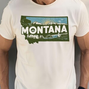 Carte de l'état du Montana PNG - graphique de voyage Montana vintage avec buffle, pêche et montagnes - téléchargement numérique pour les autocollants de t-shirts