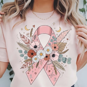 Pink Floral Breast Cancer Ribbon PNG | Awareness Sublimation Clipart Design