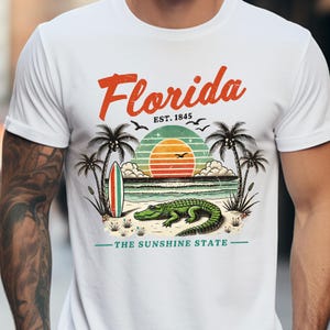 Florida Retro PNG – Vintage Strand Sonnenuntergang mit Alligator, Palmen & Surfbrett | Das Sunshine State Sublimations Design für T-Shirts