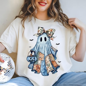 Retro Halloween Ghost PNG: Patchwork Floral Design (Digital Download)