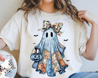 Retro Halloween Ghost PNG: Patchwork Floral Design (Digital Download)