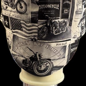 May include: A black and white motorcycle-themed bottle stopper. The fabric design features vintage motorcycle graphics, the American flag, and text including "CUSTOM MOTORCYCLES" and "BORN TO RIDE".