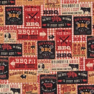 May include: A fabric pattern featuring a red and white checkered background with various rectangular signs related to barbecue. The signs include text such as The King of BBQ, BBQ Pit Almost There, and Roadhouse Grill, alongside illustrations of cows, pigs, and grilling tools.