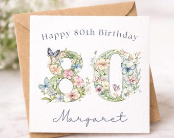 Personalised 80th Birthday Card for Her, Elegant pastel Floral Butterflies Watercolour Age card keepsake card for Mum, Nan, Gran, Friend