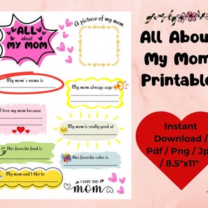 All About My Mom Printable, Mother&#39;s Day Gift, Fill in the Blank Page for Mom, Printable Worksheet, Kids Activity for Mom, Gift for Mom