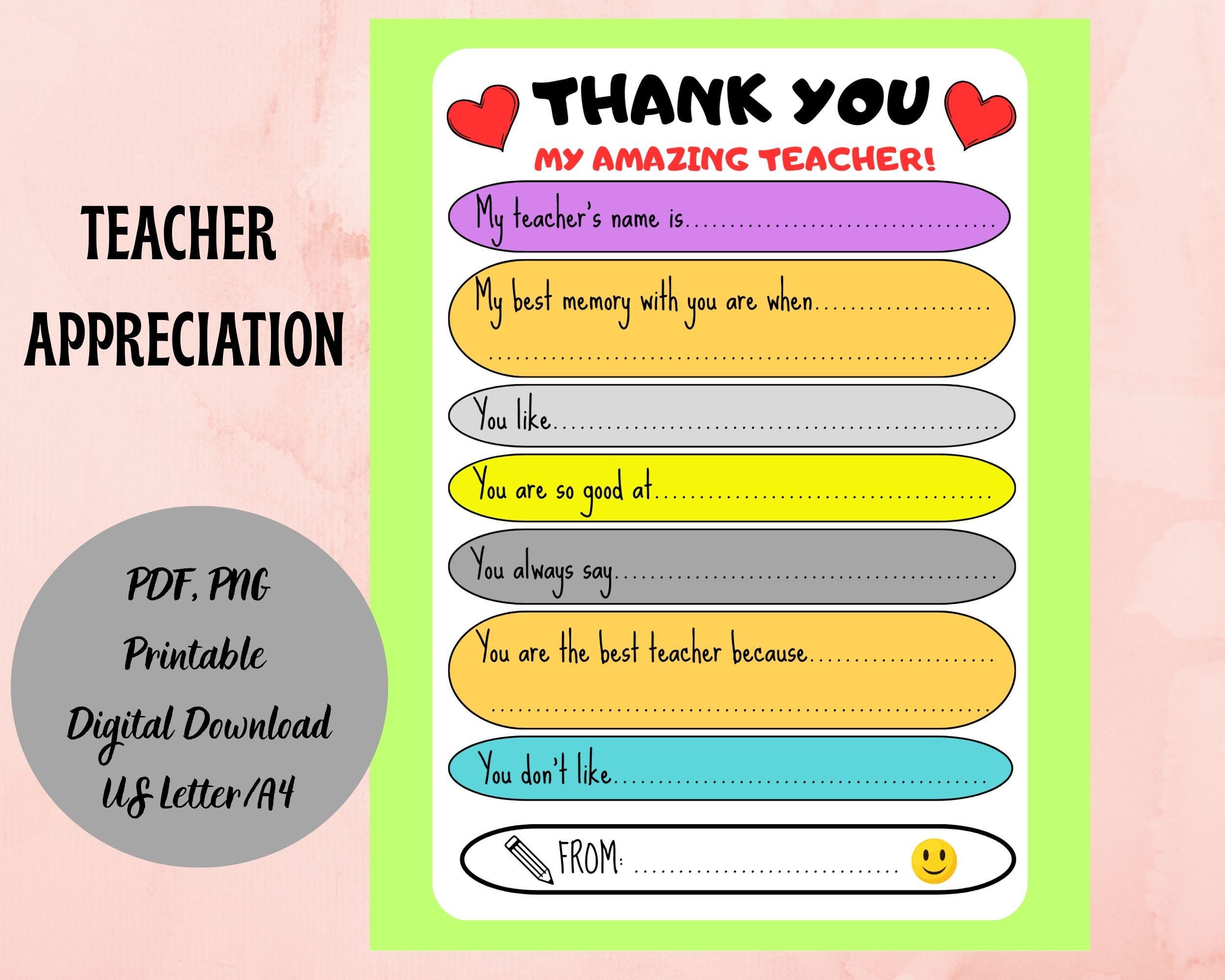 Teacher Appreciation Card: Fill-in Thank You Gift (PDF, PNG Digital ...