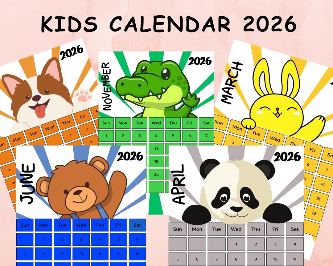 Printable Calendar 2026 for Kids, Animal Monthly Calendar, PDF, JPEG - Etsy