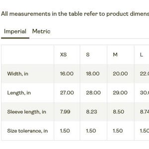 May include: Size chart for a garment with measurements in inches for width, length, and sleeve length. The chart includes sizes XS through 5XL.
